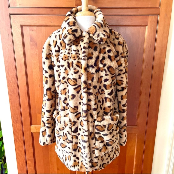 Coffee Shop New York Leopard Print Faux Fur Coat Jacket Size Medium - Picture 5 of 11